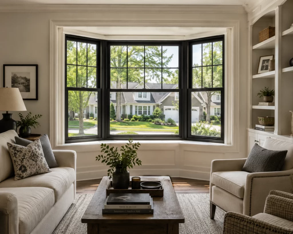 image of home with black-framed bay windows